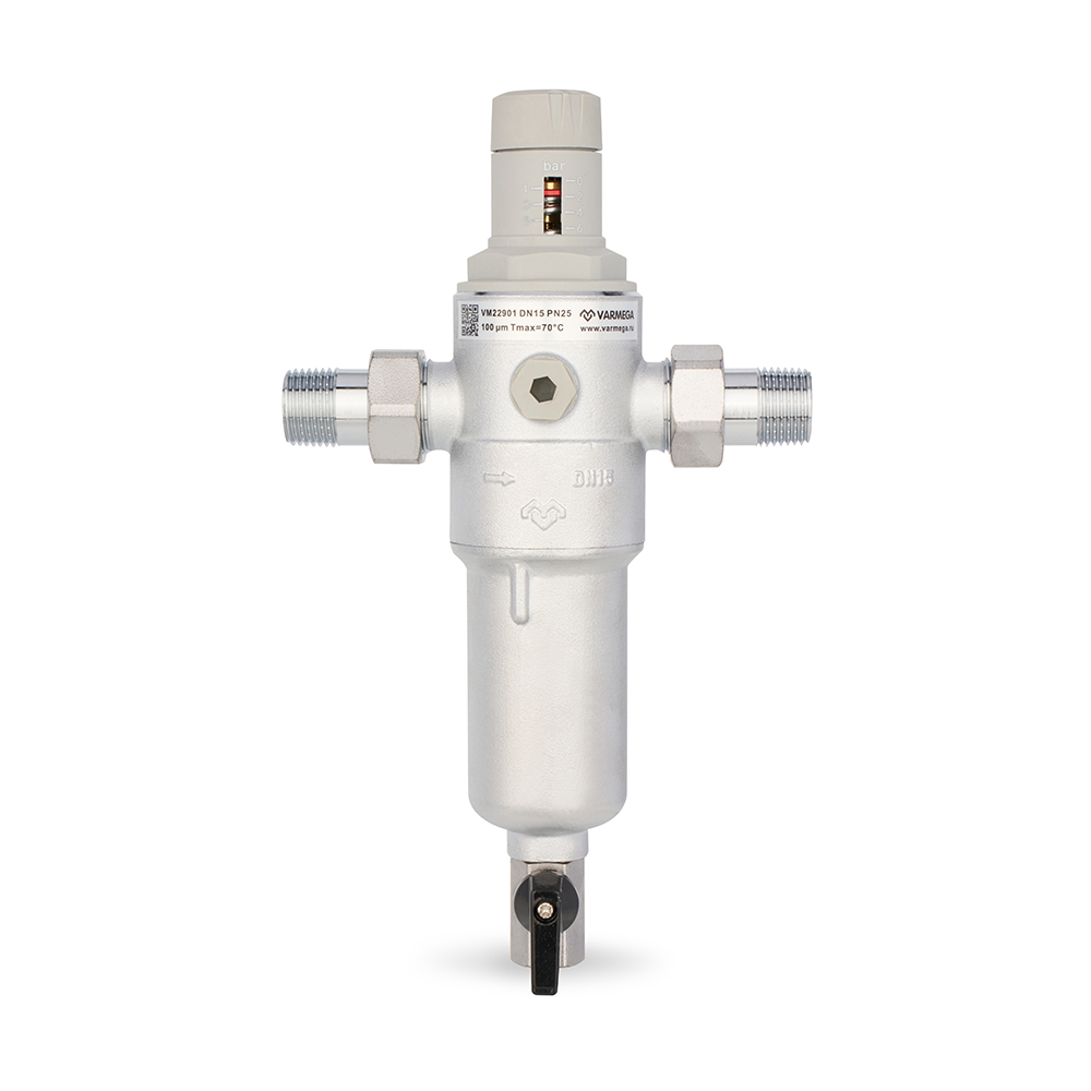 Комбинированный промывной фильтр Varmega PN25 для горячей и холодной воды, с редуктором давления